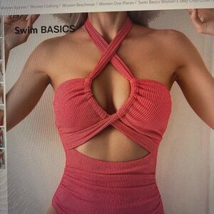 Ribbed Crisscross One-Piece Swimsuit in Pink- shiny